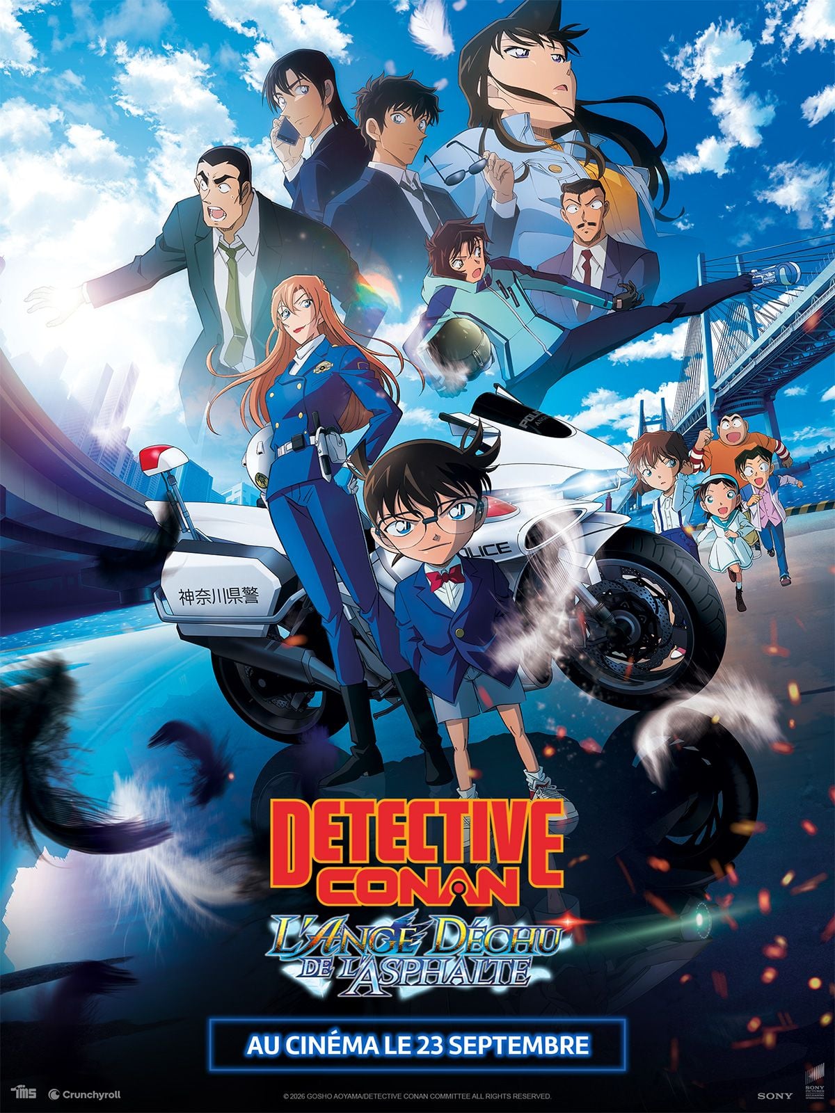 Affiche française de Détective Conan L’Ange déchu de l’asphalte avec Conan Edogawa, Chihaya Hagiwara et une moto de police